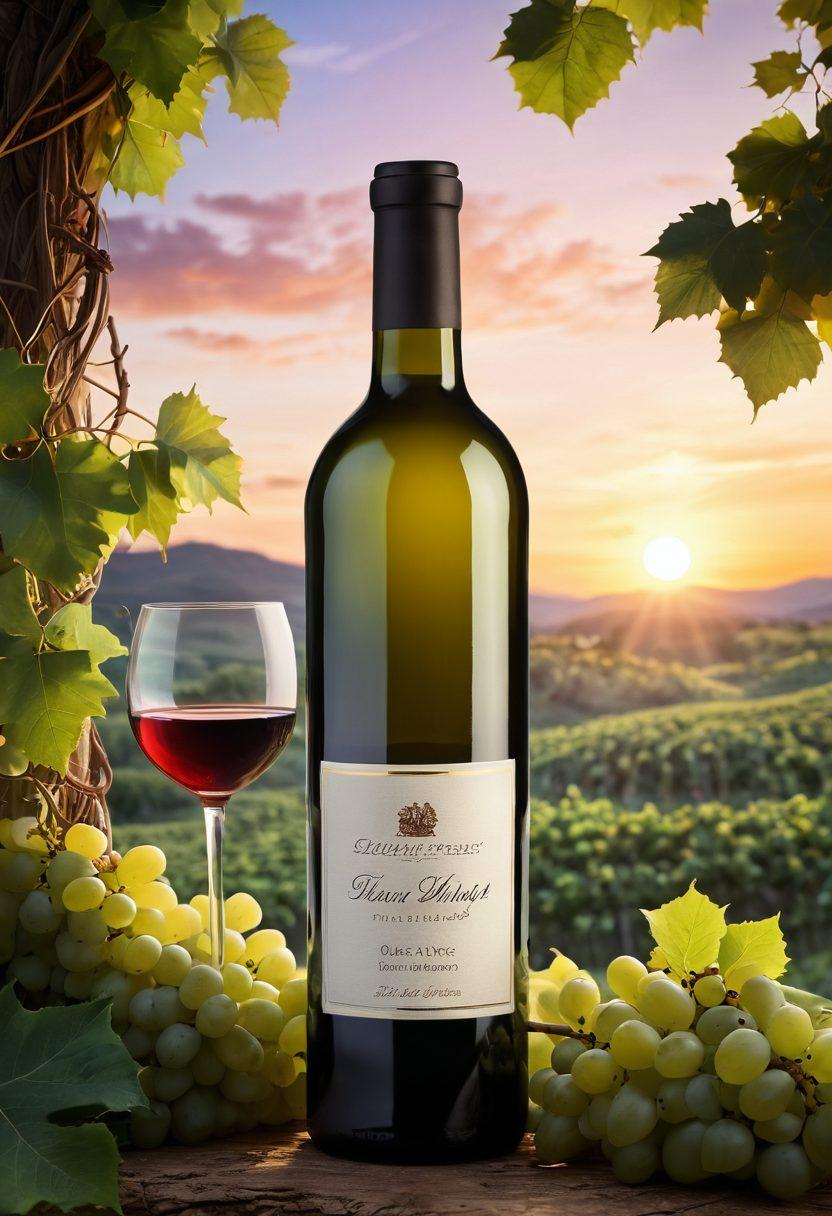 A beautiful wine bottle surrounded by lush green grapevines, with glowing ethereal light emanating from the bottle and illuminating soft, natural beauty products like oils and creams nearby. The scene captures a serene vineyard backdrop at sunset, showcasing a harmonious connection between wine and holistic beauty. super-realistic. vibrant colors. warm light.