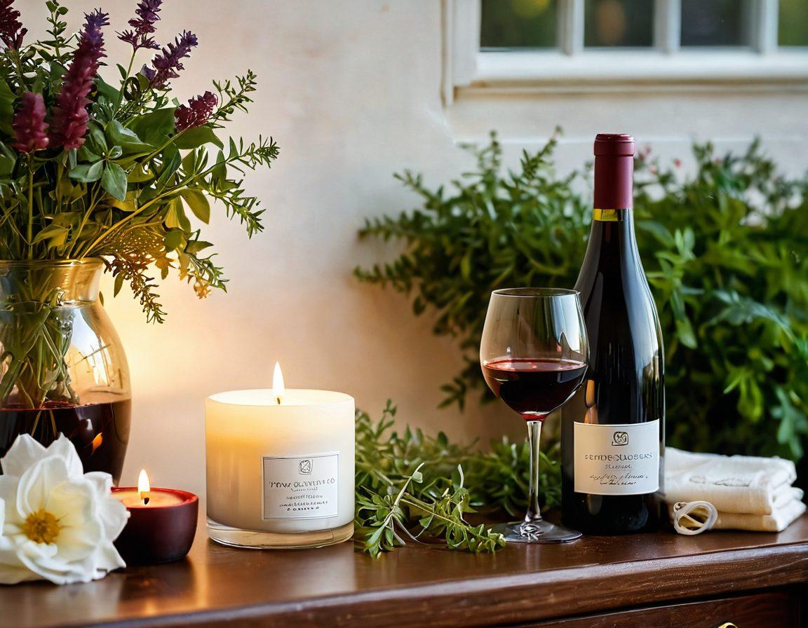 A serene and inviting setting featuring a glass of red wine beside an elegant skincare jar, surrounded by fresh herbs and flowers. Soft, warm lighting enhances the glow of the skincare product, while the background hints at a peaceful garden. A subtle hint of sparkling bubbles in the wine creates a celebratory ambiance. The overall atmosphere conveys luxury, relaxation, and natural beauty. super-realistic. warm tones. soft focus.